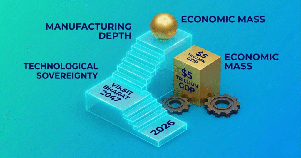 Infographic on foreign policy in india showcasing Viksit bharat, economic mass, and more.